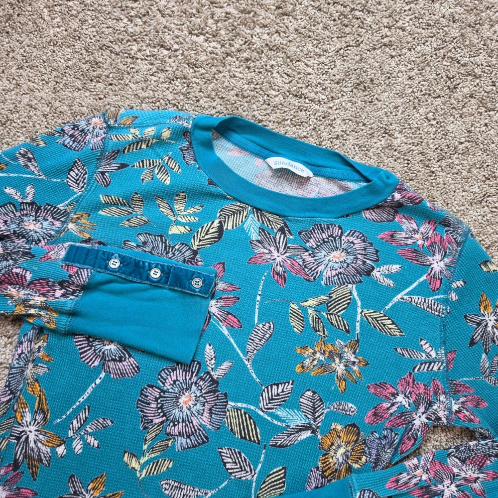 Sundance Floral Thermal Top Womens Small Teal Blue Waffle‎ Knit Outdoor Casual S